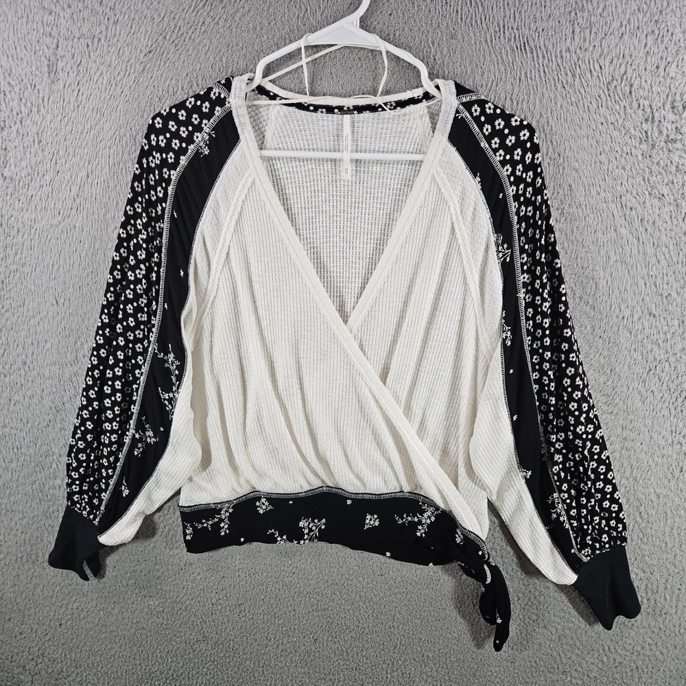 Free People XS Waffle Knit Floral Wrap Top Black Ivory Mixed Media Side Tie Boho
